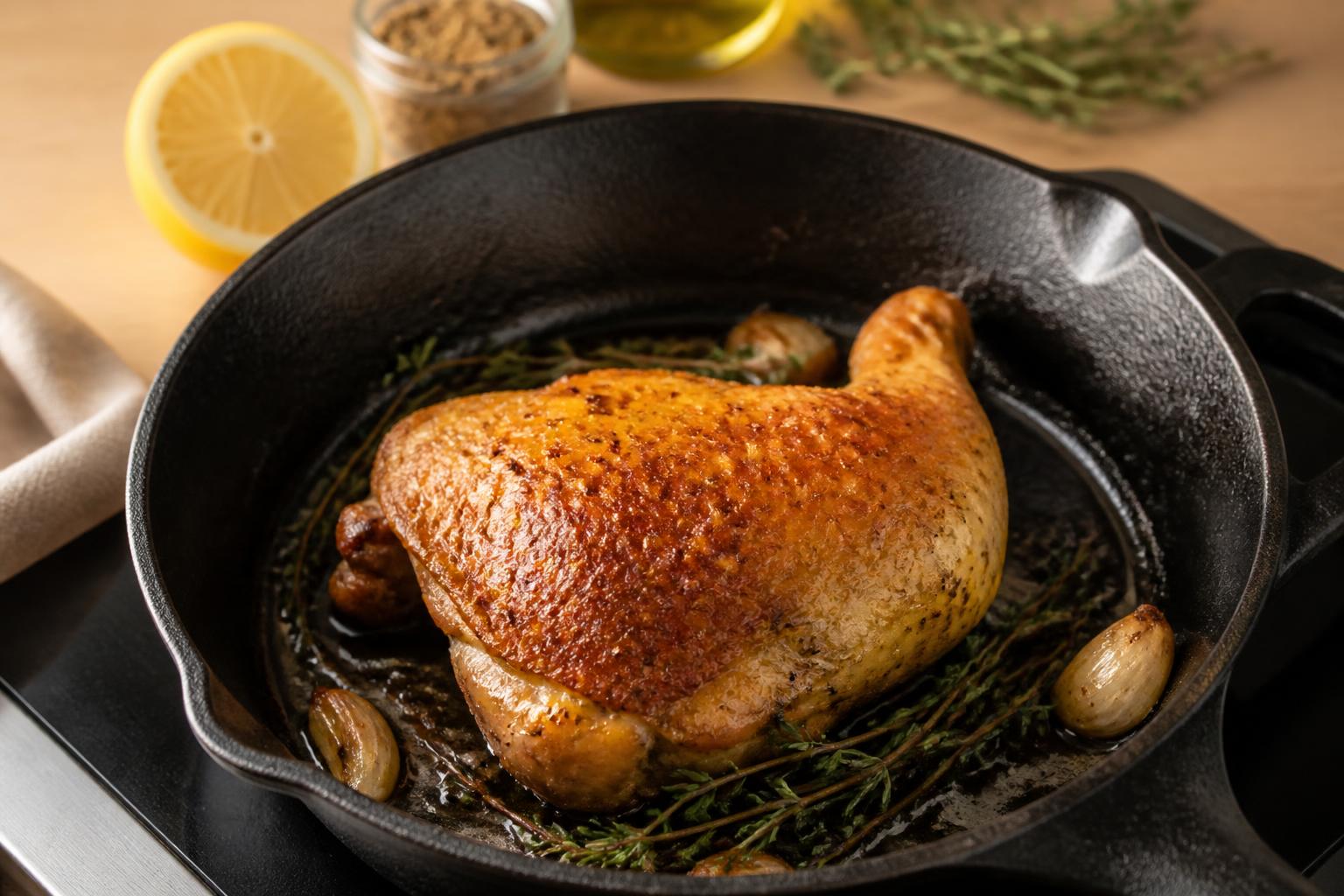 découvrez nos astuces simples pour cuire vos cuisses de poulet à la poêle, obtenant une peau parfaitement dorée et croustillante à chaque fois.