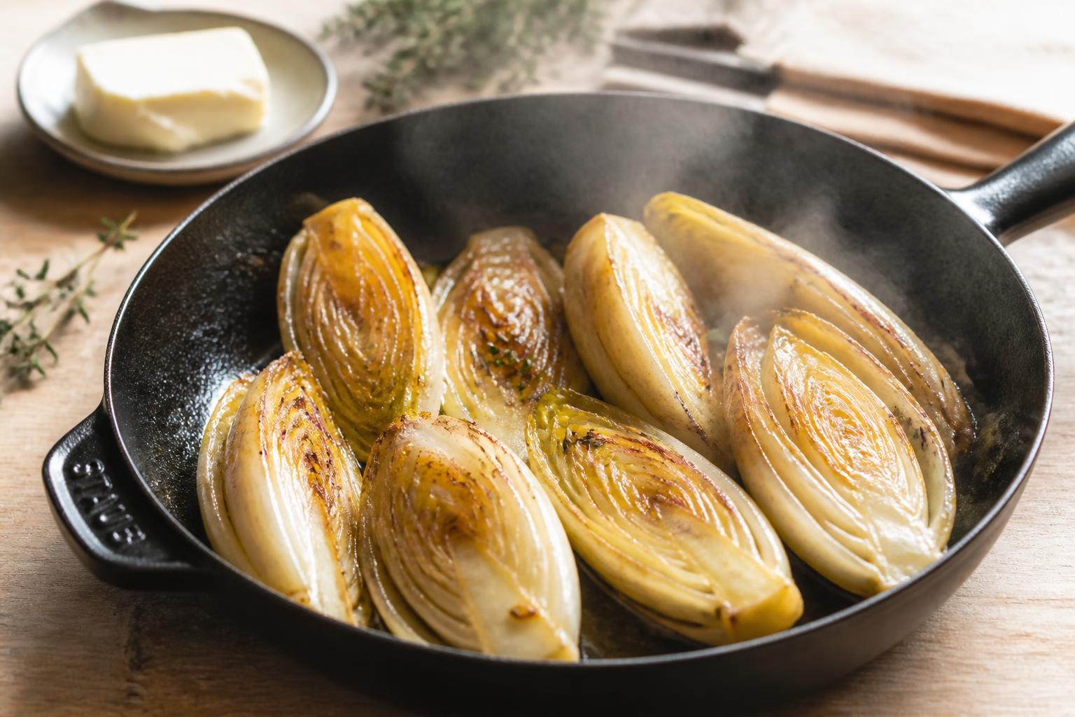 découvrez la recette facile des endives braisées à la poêle, un accompagnement fondant et savoureux qui ravira vos papilles.