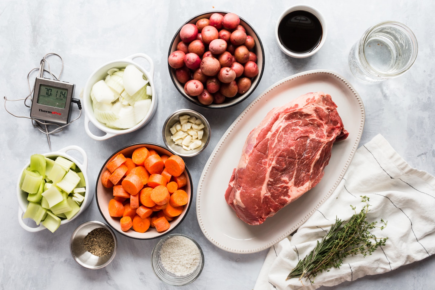 All the ingredients required for a delicious pot roasted beef dinner.